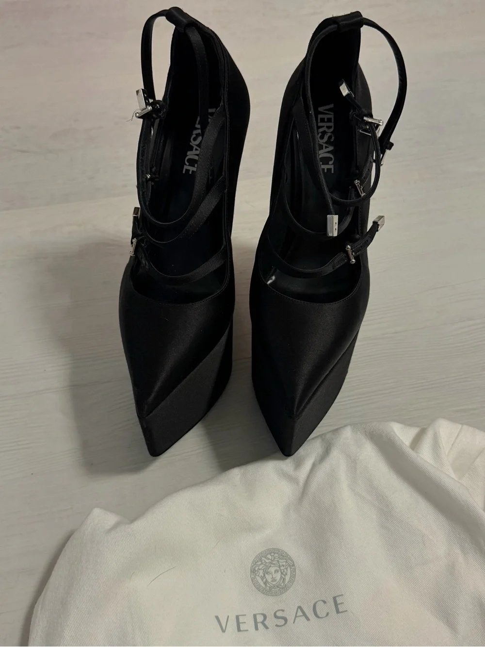 Versace Black Satin Platform Wedge Heels with Ankle Straps